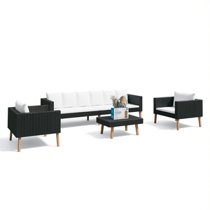 Ensemble de meubles de patio en rotin noir avec coussins pour une utilisation en extérieur, capacité 6 personnes, design contemporain, pieds en bois massif - Product Image 1