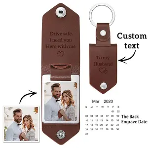 PU Drive Safe Keychain Porte-clés en cuir et acier Porte-clés personnalisé Date et Photo Porte-clés pour cadeau de fête des pères