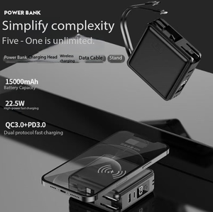 Banco de Energía 5 en 1 con Carga Rápida Inalámbrica y Cable Integrado, Gran Capacidad de 15000 mAh, Estándar del Reino Unido/UE/Estadounidense - Product Image 3