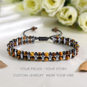 Bracelet ajustable en perles d'hématite œil de tigre, bijou en pierre, bracelet enroulé de fil, cadeau personnalisé - Product Image 1