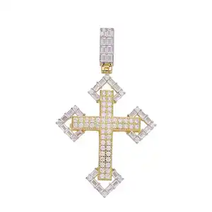 Colar de pingente com cruz dourada, mais novo design inundado hip hop para homens, prata esterlina 925, colar de pingente de cruz de ouro