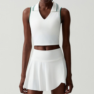 Conjunto de falda deportiva y camiseta sin mangas con cuello de polo de secado rápido para mujer Vestido de golf y Yoga con contraste de color transpirable con logotipo frontal - Product Image 5