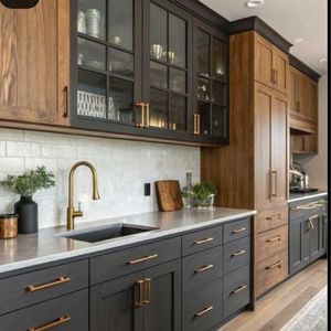 Cuisine moderne droite avec armoires en bois finition bois, rangement élégant et design intérieur haut de gamme pour les maisons contemporaines - Product Image 1