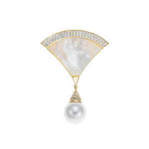 Fashionable Fan Shape Seashell Brooch With Pearl Drop Gold Tone Women's Formal Lapel Pin Zinc Alloy Jewelry Accessory - Product Image 5