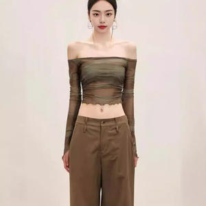 Camiseta <span class=keywords><strong>de</strong></span> <span class=keywords><strong>tul</strong></span> versátil estilo Ins <span class=keywords><strong>de</strong></span> <span class=keywords><strong>manga</strong></span> <span class=keywords><strong>larga</strong></span> con estampado Floral <span class=keywords><strong>de</strong></span> malla Retro con hombros descubiertos para mujer - Product Image 1