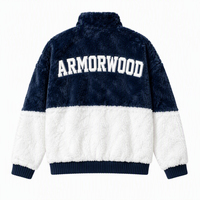 Veste en peluche personnalisée OEM ODM, fabricant, bleu marine et blanc, col montant, fermeture éclair intégrale, logo de marque privée, vente en gros