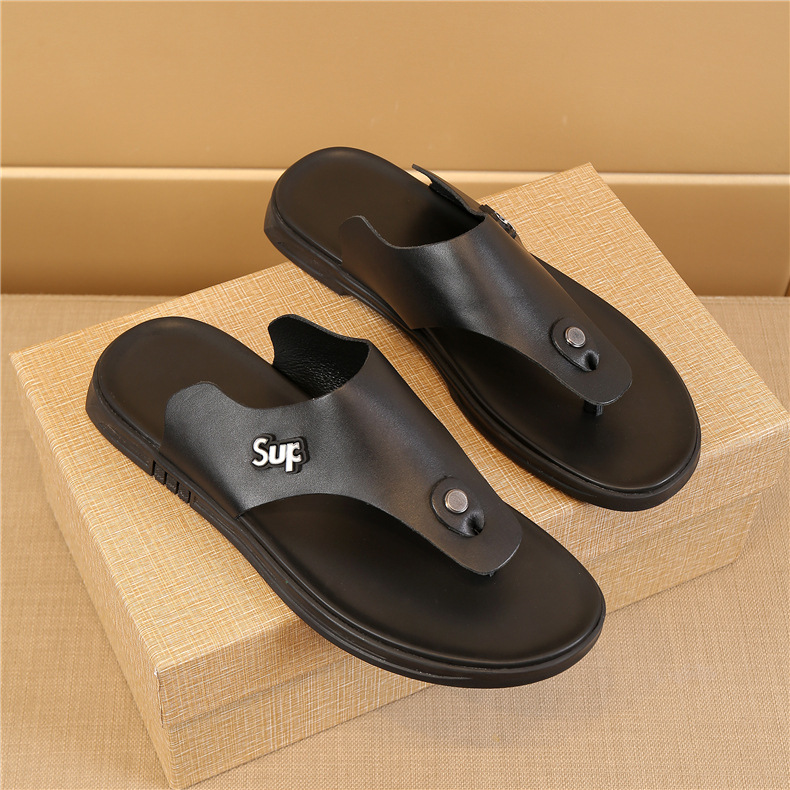 Trendy First Layer Cowhide Non-slip Sandals Summer Beach Casual Slippers Shoes
