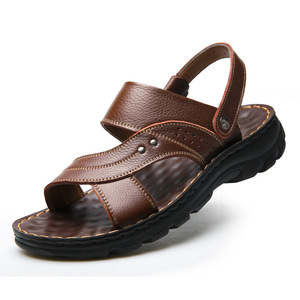 Sandales en cuir véritable pour hommes, à bout ouvert, semelle extérieure en caoutchouc, chaussures d'été décontractées pour l'extérieur, semelle épaisse, grande taille - Product Image 5
