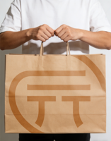 Sac en papier kraft brun avec logo personnalisé, imprimé, recyclable, pour emballages alimentaires à emporter, avec poignées