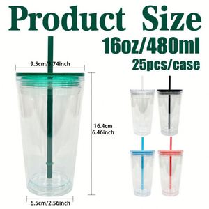 Gobelet transparent personnalisé 2026 avec logo, 16 oz, cadeau d'affaires, en acrylique, double paroi, en plastique, avec paille - Product Image 4