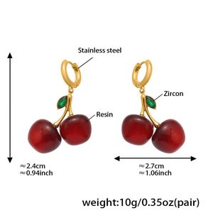 Conjunto de collar y pendientes de resina con circonitas y cerezas, de acero inoxidable dorado, estilo transfronterizo, de moda para mujer, que combina con todo y realza el estilo. - Product Image 6