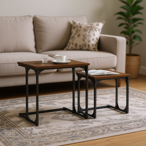 Brown <b>Oak</b> Engineered Wood <b>Nesting</b> Coffee <b>Table</b> With Metal Frame Industrial Modern Living Room Furniture - Product Image 2
