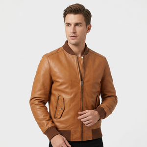 Chaqueta Bomber de Cuero Genuino para Hombre, Cuello Alto, Piel de Vacuno, Bolsillos con Solapa y Cremallera, Ribete de Punto, Clásica, Cálida para Invierno - Product Image 1