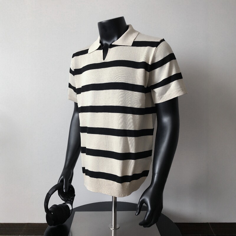 Custom Sweaters Knitted Polo V Neck Pullover Striped Jacquard Short Sleeve Knitwear Old Money Clothes T-Shirts Sweater Men