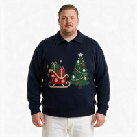 Pull en maille jacquard côtelé à col polo pour homme, motif sapin de Noël bleu, ODM OEM