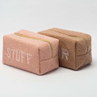 Trousses de Maquillage Préppy avec Patchs Lettres, Couleurs Rose Beige, Pochettes Cosmétiques en Peluche Douce de Noël avec Fermeture Éclair, Accessoires pour Cheveux pour Femmes