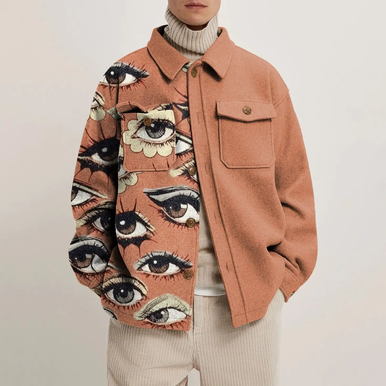 가을 패션 추상 인쇄 느슨한 코트 남성 턴 다운 칼라 버튼 자켓 Hipster 남성 새로운 겨울 캐주얼 Streetwear