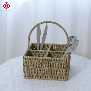 XH Silverware Organizer Natural Wicker Handwoven 4-bottle Ompartments Wine Storage Basket For Cutlery Caddy Seagrass