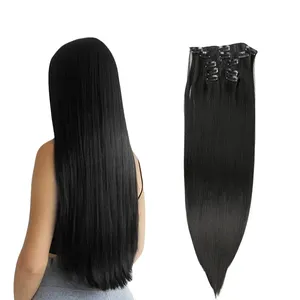 Extensiones de cabello con clip recto de 22 pulgadas para mujeres negras Postizos Extensiones de cabello de fibra sintética Color negro natural