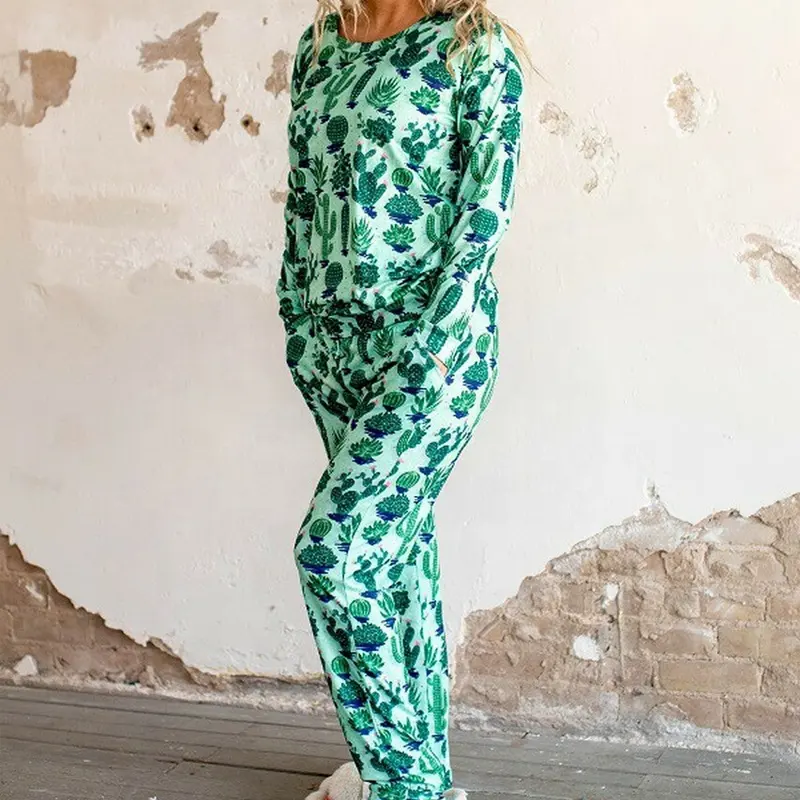 Conjunto de pijama personalizado para mujer, de seda, con estampado de Cactus verde, venta al por mayor