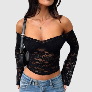 Nouvelle Collection Automne – Top Femme Sexy Transparent en Dentelle, Épaules Dénudées, Sans Col, Manches Longues – Tendance Mode - Product Image 1
