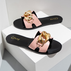 Korean Latest Summer Metal OAutersole Women Pu Leather Slide <b>Slippers</b> Fashion Chain All-match Womens Sandals - Product Image 3