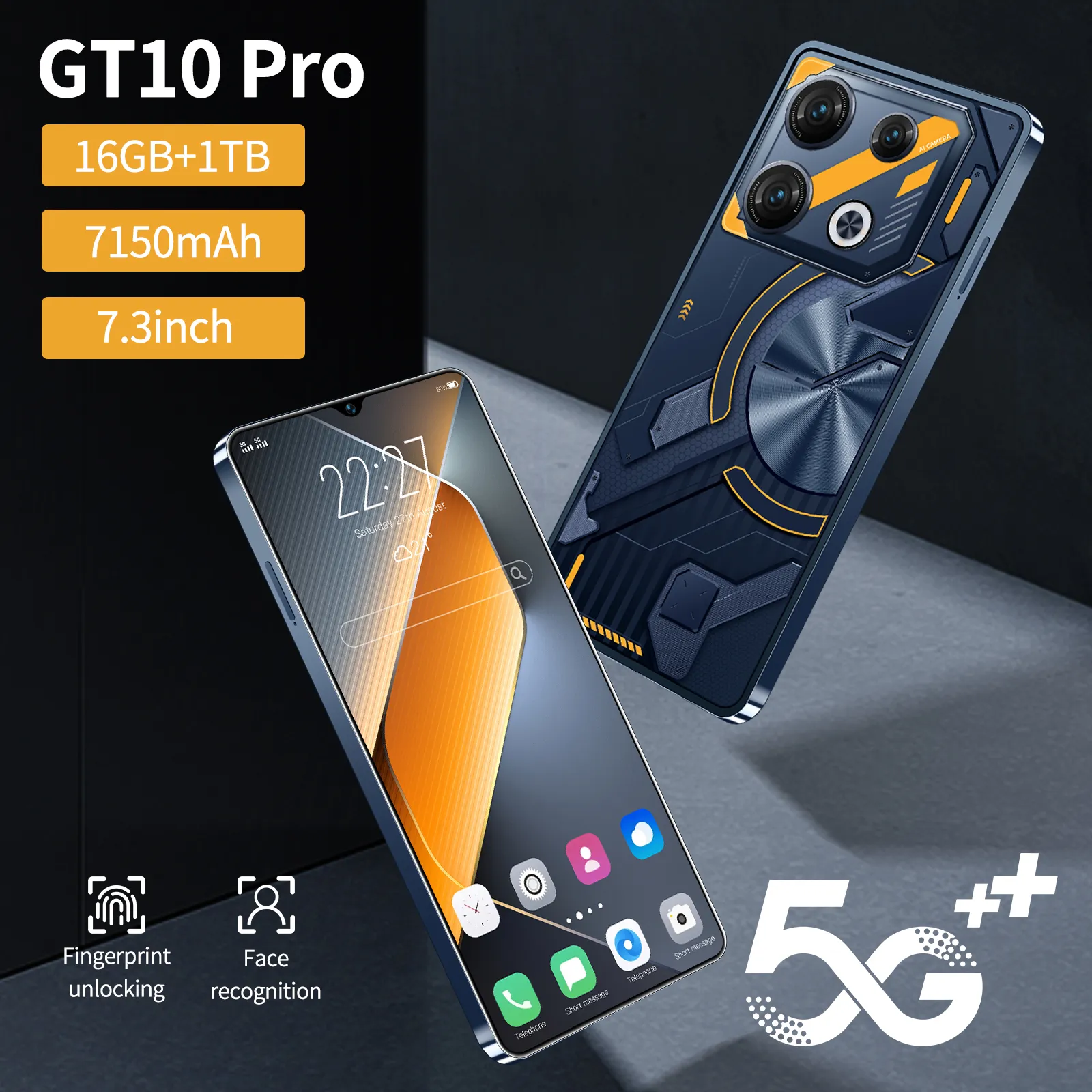GT10 Pro ponsel pintar Android 10 core, ponsel pintar layar HD 7.2 inci 16GB + 1TB 5G biarkan ponsel ID wajah