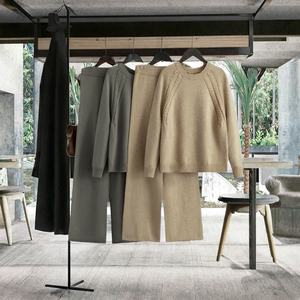 Pantaloni autunno inverno in maglia tinta unita da donna in maglia pesante a costine calducia rilassata abbigliamento da casa minimalista due pezzi coordinati - Product Image 1