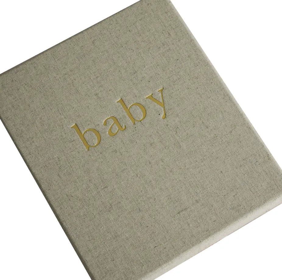 カスタマイズされた競争力のある価格リネン生地布ハードカバー赤ちゃんジャーナルアルバムリサイクル可能な紙記録可能な赤ちゃんの記憶の本