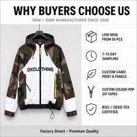 Veste zippée personnalisée en camouflage Woodland colorblock 380 g/m² avec bandes de fermeture éclair contrastantes, coupe oversize et carrée, coupe-vent streetwear OEM ODM