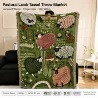 Plaid Jacquard en Laine d'Agneau avec Franges et Pompons 180x130cm, Style Champêtre Chaleureux pour Canapé, Maison, Cadeau, Vente en Gros