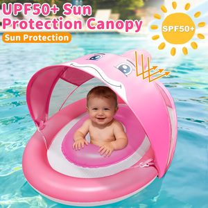 Bouée de piscine pour bébé en forme de dauphin rose avec auvent solaire réglable UPF50+ et deux chambres à air - Product Image 3