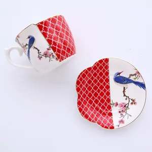 Chinese Style Irregular Ceramic Cups And Saucers Set Porcelain Saucer Drinkware with Gold Rim