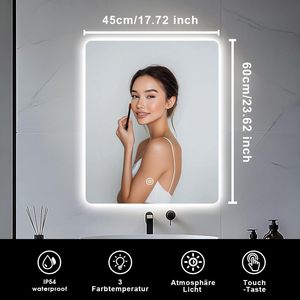 Miroir de salle de bain rectangulaire intelligent à LED en verre 45x60cm, rétroéclairé, <span class=keywords><strong>3</strong></span> couleurs d'éclairage, interrupteur tactile, mural, à intensité variable, IP54 pour la douche - Product Image 2