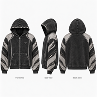 Sweat à capuche zippé personnalisé avec clous, en molleton de coton épais, avec panneaux en strass, pour homme, style streetwear