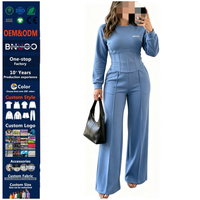 Tenues décontractées pour femmes, ensembles assortis, vêtements de détente, pantalon large à taille haute plissé extensible à manches longues pour femmes