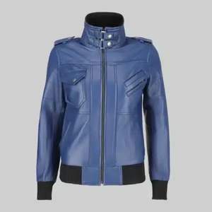 Blouson aviateur en cuir bleu pour femme avec capuche amovible, vêtement d'extérieur décontracté élégant, style vintage streetwear - Product Image 4