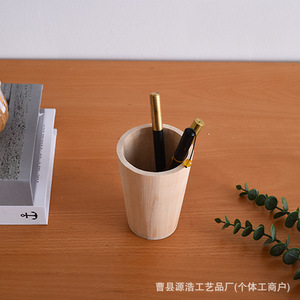 Wooden <b>Pen</b> <b>Holder</b> Round Natural Wood Color Height 11cm Base Diameter 6cm Top Diameter 8cm <b>For</b> Home Office <b>Desk</b> Use - Product Image 4