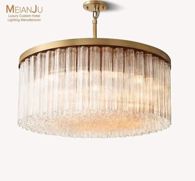 Modern Cielo Rectangle Glass Rod Chandelier Luxury Copper LED Pendant Light Large Adjustable Height Decorative Ceiling Fixture