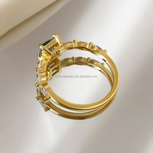 Custom Classic Gemstone <b>Stack</b> <b>Ring</b> 18K Gold Plated Princess Cut Moss Agate <b>Rings</b> for Women - Product Image 3