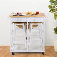 Îlot de cuisine moderne en bois durable et écologique avec 2 tabourets ronds, 2 tiroirs, chariot et bar à petit-déjeuner