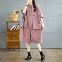 Nouvelle Robe Chemise Femme Col Montant Grande Taille avec Poches Plaquées Boutonnée Coupe Ample Longueur Midi Printemps-Été Décontractée Style Mori Girl 2026
