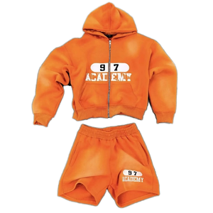 Conjunto Deportivo Personalizado 97 Academy Naranja para Hombre, Sudadera con Capucha y Pantalones Cortos, Ropa Deportiva Holgada, Algodón, Venta al Por Mayor OEM - Product Image 1