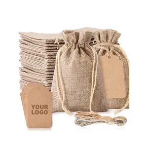Biyobozunur organik alışveriş takı jüt topçu çuval kılıfı küçük dantel çuval bezi düğün favor hediye çantası ile İpli