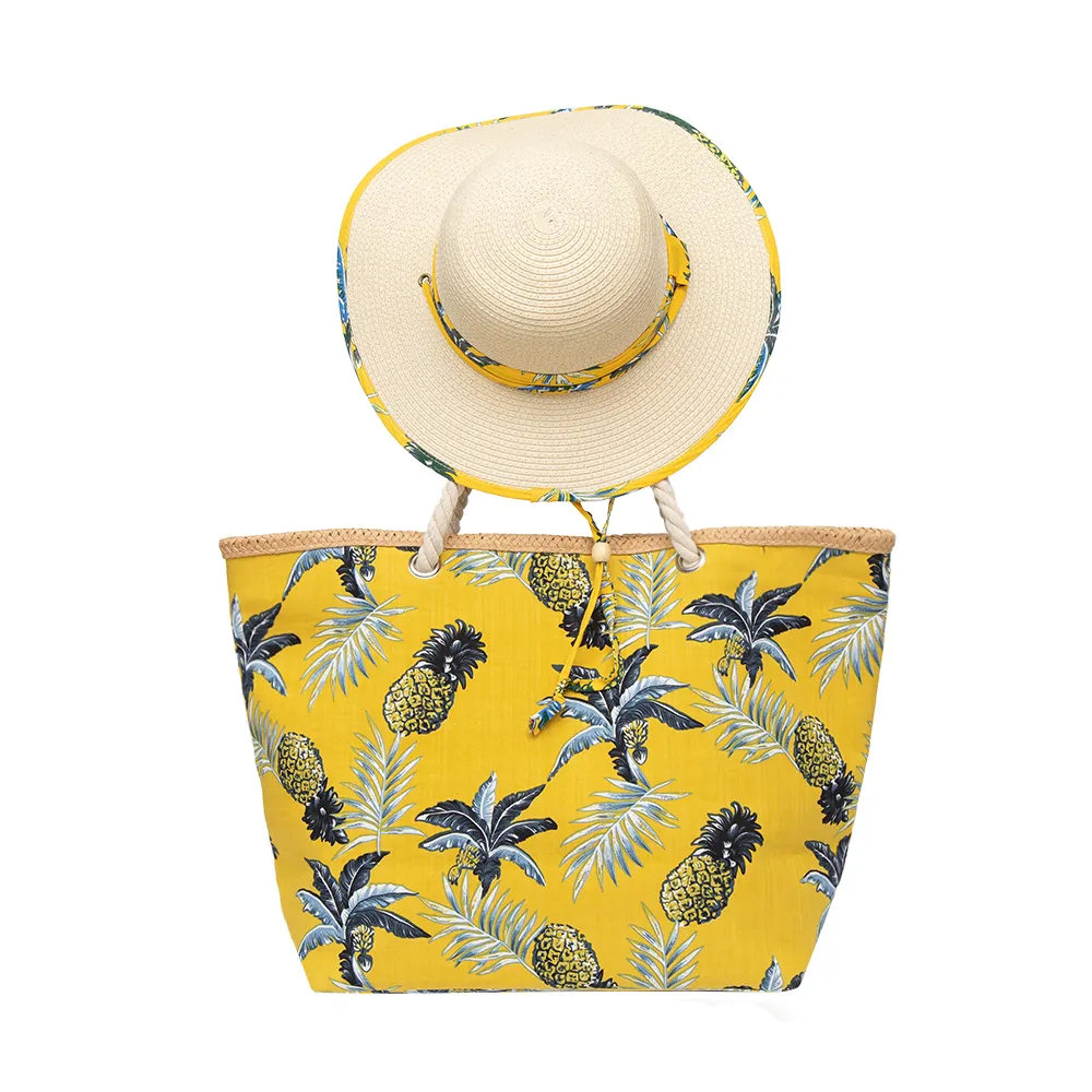 JAKIJAYI Women Fashion Yellow Pouch Drawstring Huge Terry Cloth Tote Beach Bag And Hat