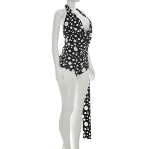 Viviblook J26ST156 Women Summer Casual Set Deep V Backless Halter <b>Top</b> Polka Dot Printed High Waist Mini Shorts Set - Product Image 4