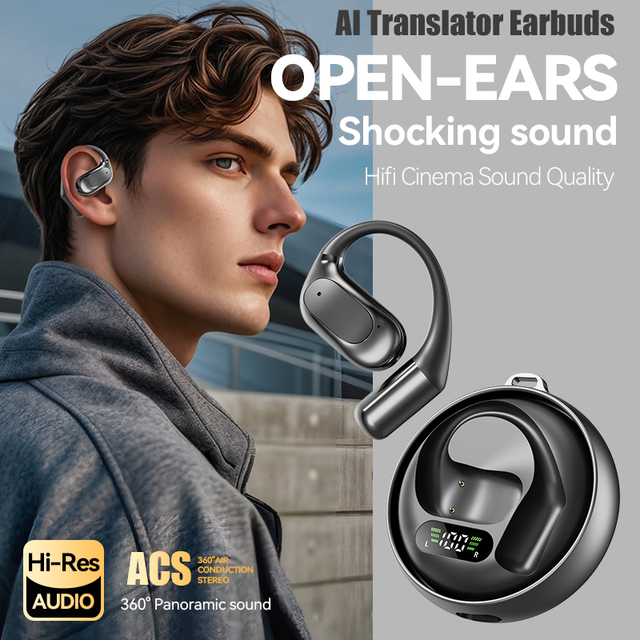 Ear-hook AI Real-Time Translation Headset Waterproof  OWS Earbuds 135 Languages Translator Open-Ear  Noise Cancelling Earphones