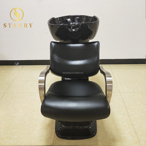 Colocar muebles de salón de cuero negro lavado de cabello Unidad de retrolavado lavabo peluquería lavabo Silla de champú - Product Image 3