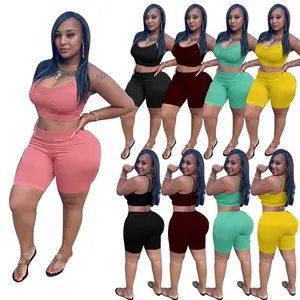 2022 Summer Clothing Plus Size XL-5XL Vest 2 Piece Shorts Set for Women sets Solid Two Piece Set for Ladies