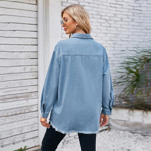 Nuova <span class=keywords><strong>camicia</strong></span> <span class=keywords><strong>di</strong></span> <span class=keywords><strong>Jeans</strong></span> in Denim da <span class=keywords><strong>donna</strong></span> Casual da lavoro a manica lunga con bordo grezzo lavata - Product Image 3
